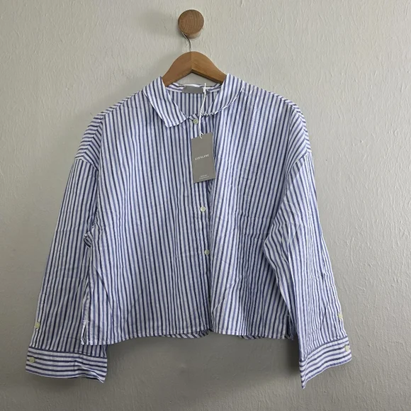 NWT Everlane The Woven PJ Button Down Crop Top Blue White Stripe Cotton Medium - Picture 1 of 14